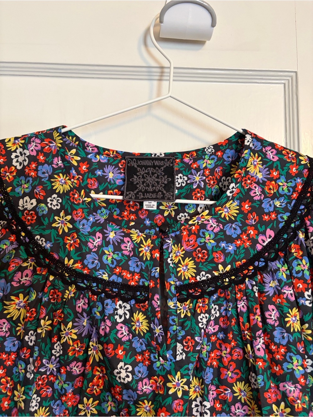 Johnny Was Rosa Poplin Black Floral Peasant Blouse